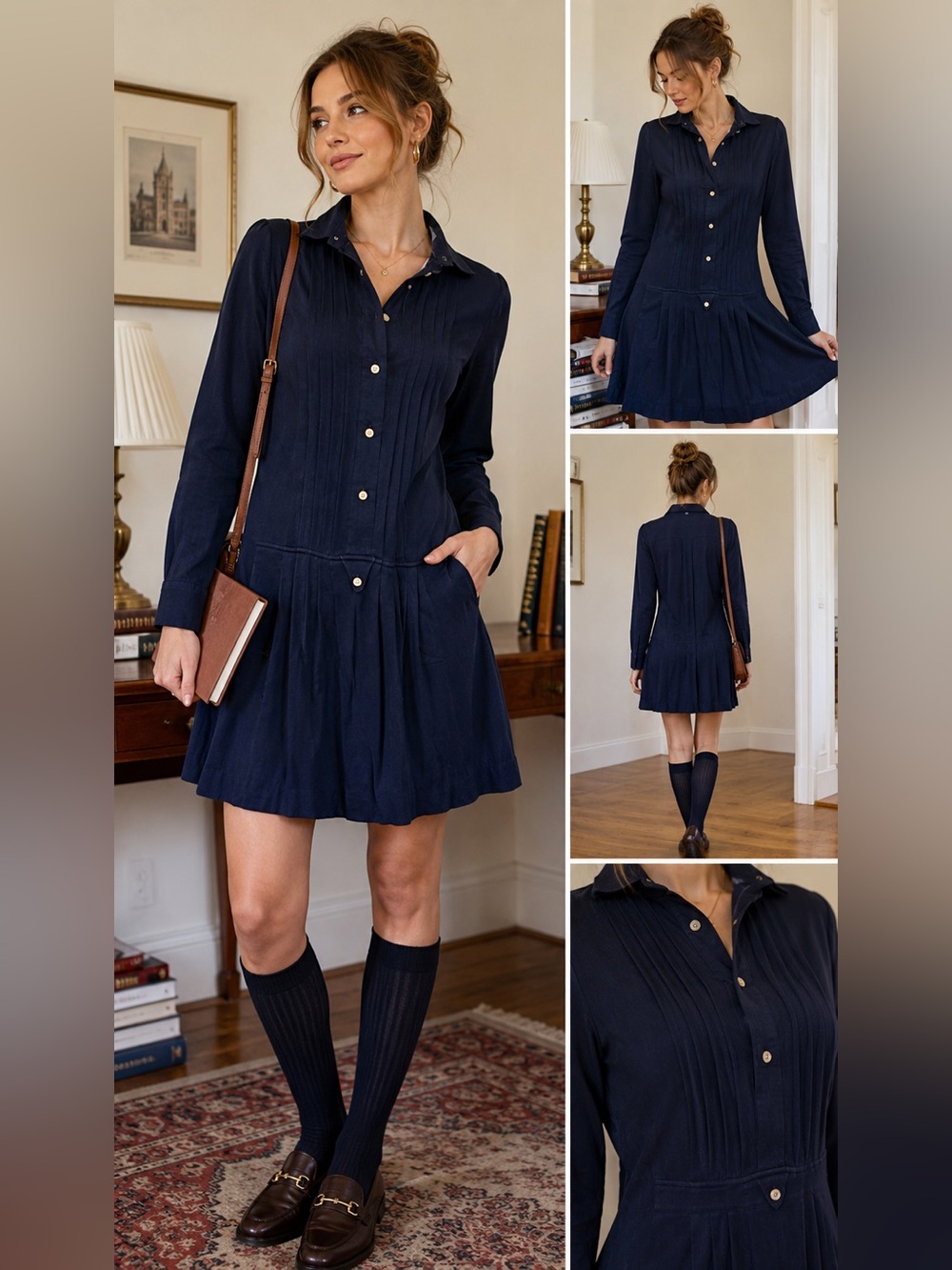Polo Ralph Lauren Pocket Button Pleated Pin-tuck Aviator Navy Dress SZ Medium
